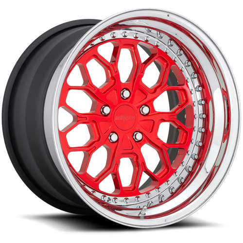 Rotiform Forged BTC19x9.5 +22 Candy Red with a Chrome Step Lip and Matte Black Barrel with Exposed Hardware