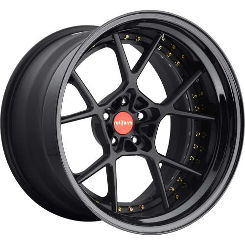 Rotiform Forged KPS18x10.5 +15 Matte Black with a Gloss Black Step Lip and Matte Black Barrel with Exposed Hardware (Gold Rivets)
