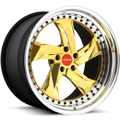 Rotiform Forged MUC18x8 +35 Polished Gold with a Polished Step Lip and Matte Black Barrel with Exposed Hardware