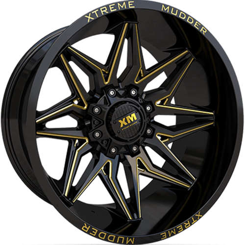Xtreme Mudder XM-34220x10 -18 Gloss Black with Yellow Milled Spoke Edges and Rivets