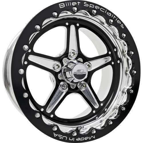 Billet Specialties Street Lite Single Beadlock 15x10 0 Black Anodized Center with Machined Accents and a Polished Lip and a Black Real Beadlock